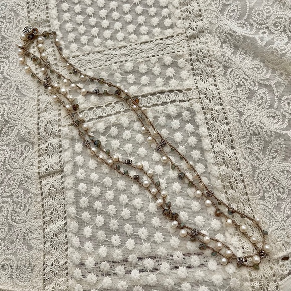 Artisan Jewelry - ARTISAN Necklace “Pearls in the Mist” on Sepia Long Crocheted Wrap